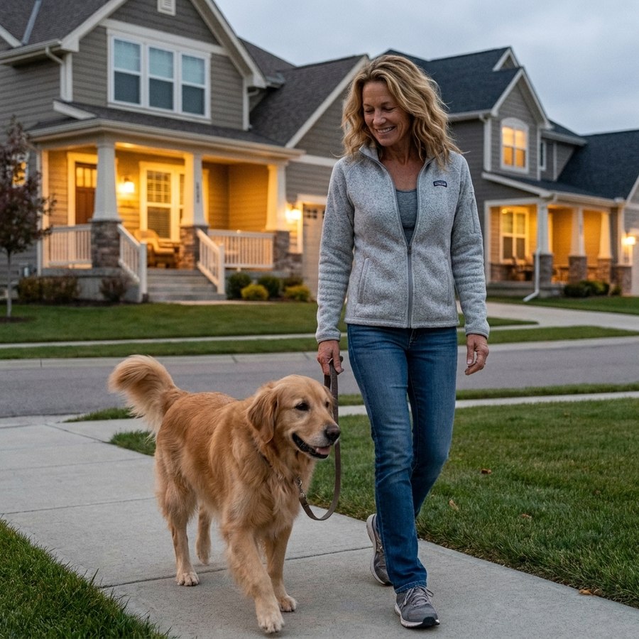 Denise walking her dog at dusk