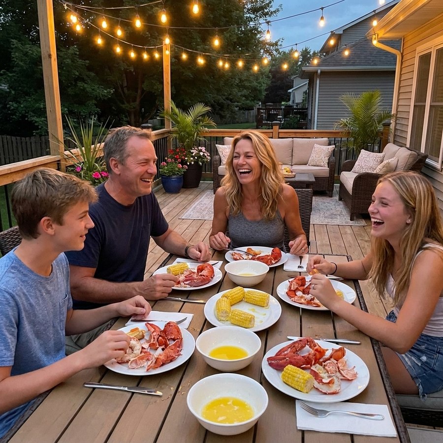 Family eating lobster dinner together on the patio