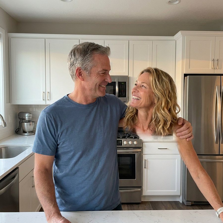 Denise and Tom laughing in the kitchen