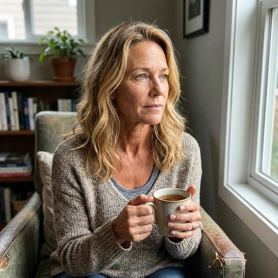 Denise sitting by the window with tea