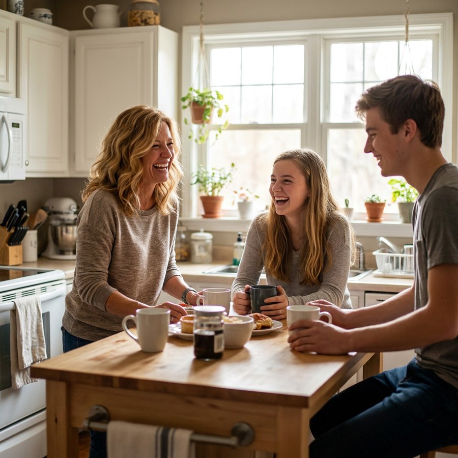 Denise with her kids in the kitchen